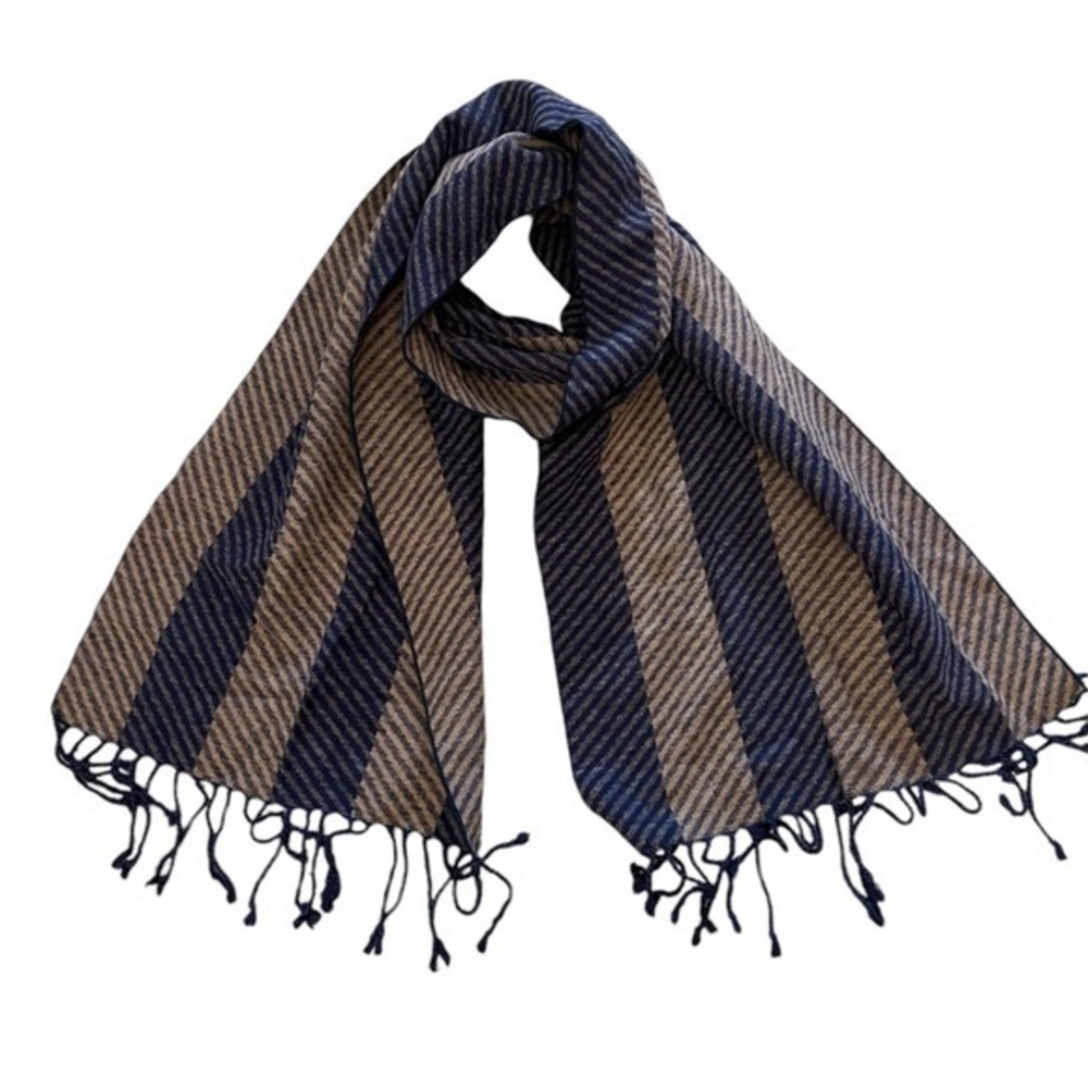 CLUB ROOM luxurious 100% SILK blue & tan chevron striped scarf w/ fringe